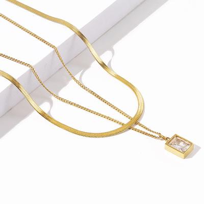 China Trendy Fashion Square Necklace Double Layer Stainless Steel Wear Pendant Gold Plated Women Necklace for sale