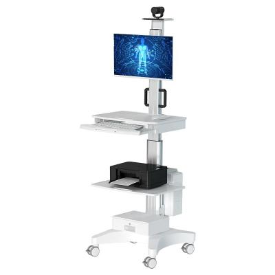 China Modern Medical Round Trolley Cart Medical Trolley with Monitor Mount Keyboard Tray and Wheels for Hospital Clinic Dental Home Office for sale