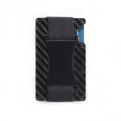 China Fashion Minimalist Slim Style RFID Blocking Black Carbon Fiber Wallet With Metal Money And Elastic Band Clip for sale