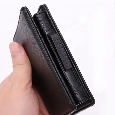 China Fashion Back Pocket Noise Up Security Carbon Aluminum Black Fiber Leather Decorative PU RFID Blocking Automatic Wallet Card Holder Wallet for sale