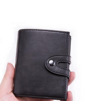 China Vintage Anti-scan Fashion RFID PU Leather Metal Aluminum Metal Dark Brown Automatic Noise Up Credit Card Holder Wallet for sale