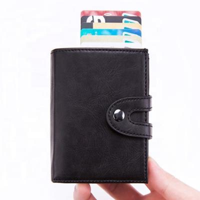 China Fashion Wholesale Custom Crazy Horse Leather Minimalist RFID Men Wallet With Slim Pop Up Metal Card Holder Aluminum Case for sale