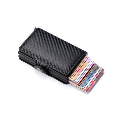 China Fashion Double Carbon Fiber Credit Card Holder Aluminum RFID Metal Wallet Automatic Pop Wallet Card Holder for sale