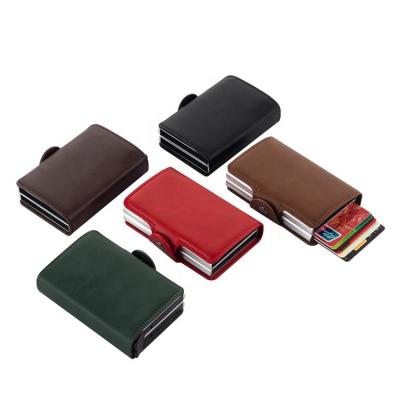 China Fashion RFID Blocking Slim Wallet Side Latch Aluminum Noise Up Double Slide Holder Front Pocket Leather Credit Cards Wallet for sale