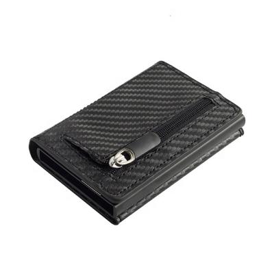 China Fashion RFID Blocking Slim Wallet Aluminum Noise Noise Up Fiber Front Pocket Wallet Slide Credit Card Holder Carbon Leather for sale