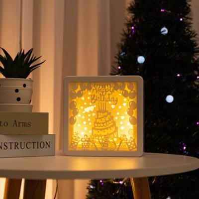 China Interior Decoration Wooden Light Box Light Happy Birthday LED Paper Carving Light for sale