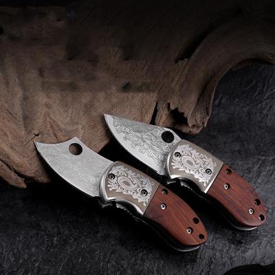 China Mini Pocket Folding Knife Small Non-variable Folding Wood Handle Damascus Knife EDC Key Chain Box Cutter For Women Men for sale