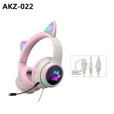 China Cute Headband AKZ-022 Cat Ear LED Headset With Mic Bendable 3.5mm USB Gaming Earphone For Studying Gamer Lighting Headset for sale