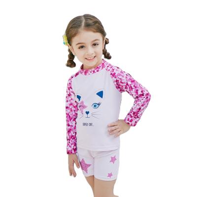 China New Antibacterial Cute Cartoon Printed Children's Swimsuit Long Sleeve Tan Two Piece Swimsuit For Girls Beach Quick Dry Swimsuit UPF50 for sale