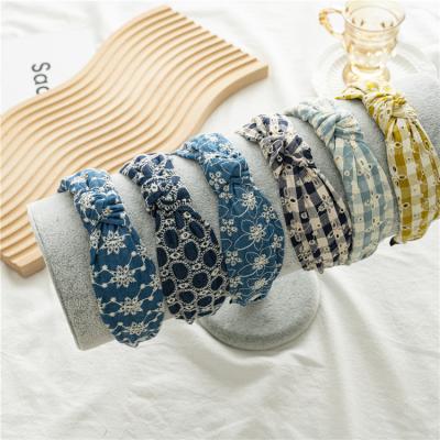 China Vintage Style Custom Ethnic Blue Color Flower Embroidery Checked Design Knot Head Wraps Makeup Bow Bath Headband For Adult Daily Wear for sale