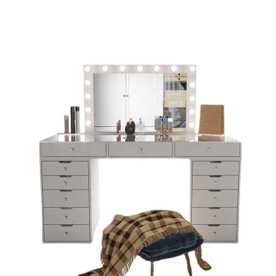 China Wholesale Modular Luxury Ladies Bedroom Makeup Mirror Hollywood Vanity Dresser Makeup Dressing Table with Mirror and Stools for sale