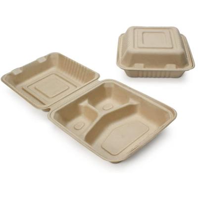 China INCH 9*9 3 Compartment Clamshell Sugarcane Food Container Disposable Biodegradable Sugarcane Dishes Take Out Divider Lunch Box for sale