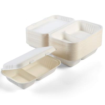 China Foldable Biodegradable Disposable Bagasse Disposable Food 2 Compartment Dishes Bagasse Dishes Eco Leakproof Biodegradable Sugar Cane Box for sale