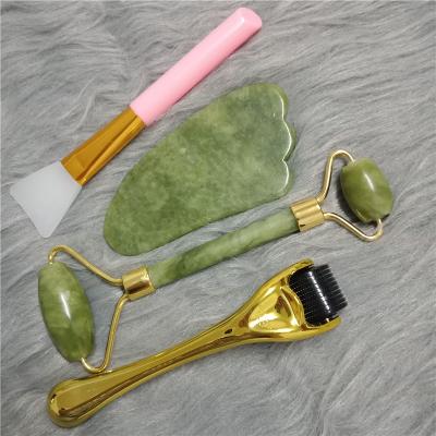 China Direct Wholesale Natural Green Jade Roller Gua Sha Set 100% Jade Gua Sha Stone Roller Factory Portable/Hand Held With Best Price for sale