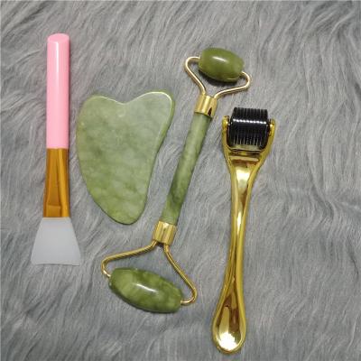 China Portable/Handheld High Quality Natural Green Jade Roller Gua Sha Set Jade Gua Sha Stone Facial For Anti Aging for sale