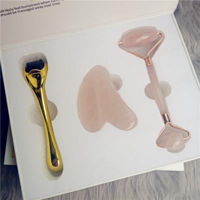 China Portable Hand Held/Hand Held Beauty Gua Roller Face Rose Quartz Rose Quartz Massager Mounted Jade Roller Set For Face With Box for sale