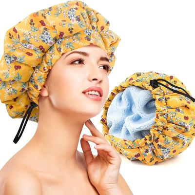 China Pastoral Women Shower Cap Double Layer Waterproof Reusable Microfiber Trimming Dry Hair Function, Adjustable Size for sale