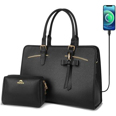 China Rivets Bottom Large 15.6 Inch Laptop Handbags Office Ladies Handbag Shoulder Satchel Bags PU Women Briefcase Laptop Leather Bags With USB for sale