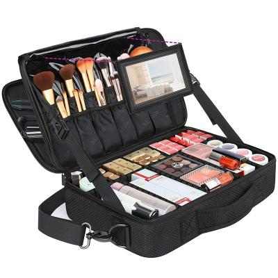 China Custom Professional Large Makeup Mirror Travel Bag 3 Layer Cosmetic Train Case Artist Makeup Brush Organizer With Mirror for sale