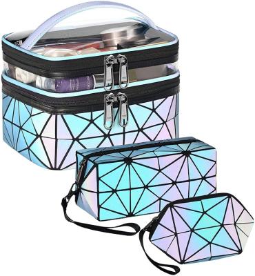 China Multi Functional Double Layer Design Holographic Travel Makeup Bag Cosmetic Bags Bright Geometric Travel Cosmetic Bag for sale