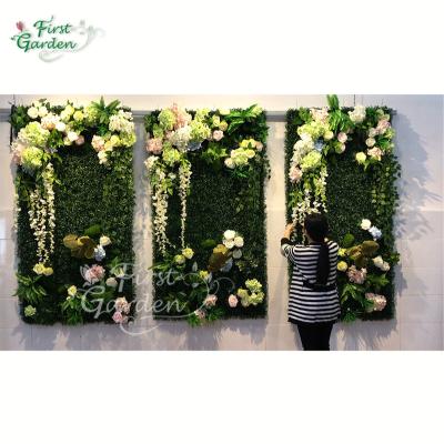 China Eco-friendly Artificial Green Plants Rose Hydrangea Vine Leave Decoration Wall Panel Backdrop Customized for sale