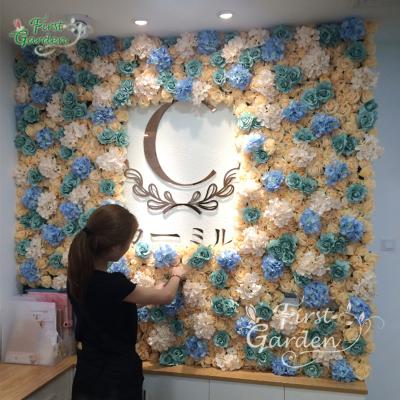 China Eco-friendly Wedding Decoration Artificial Backdrop Mounted Hydrangea Champagne Flower Wall Panel Carpet Blue Green Good Quality for sale