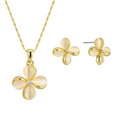 China TRENDY Classic Opal Gold Plated Necklace And Earring Jewelry Alloy Clover Leaf Four Jewelry Sets Fashion for sale