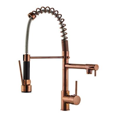 China CYEN Sense Faucets Hot and Cold All Gold High Pressure Spring Pull Double Outlet Copper Rose Kitchen Sink Faucet for sale