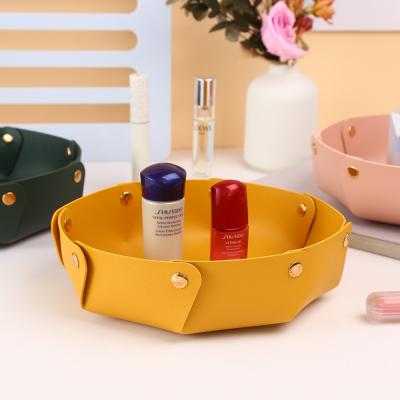 China Universal Viable Small Folding Leather Storage Organizer PU Leather Tray Desktop Desk Organizer for sale