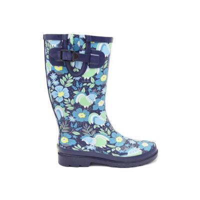 China Fashion Trend Natural Rubber Printed Rubber Boots Blue Floral Women Rain Calf Wellington Wide Boots for sale