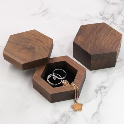 China Solid Wood Wedding Ring Box Natural Wood Quality Hexagon Shape Jewelry Box Engagement Crafts Wooden for sale