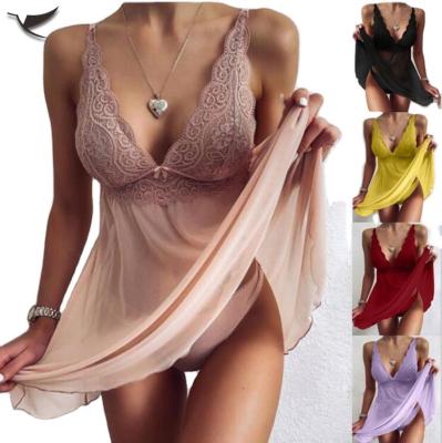 China QUICK DRY female sexy transparent lace nightgown set two piece v neckline lingerie lace up home wear women pajamas for sale