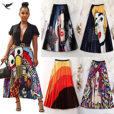 China 2023 Fashion Cartoon Large Size Elastic Long Dress Breathable Women High Waist Printed A Line Maxi Midi Dress Pleated Skirts for sale