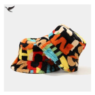 China Fashionable Plush Fisherman Hat Winter Warm Colorful Printed Fuzzy Bucket Hat Plush Toy for sale