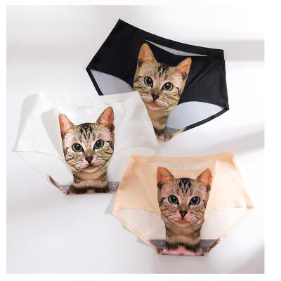 China Breathable Seamless Ice Print Ladies 3D Cat Women's Knickers Girl Panties Girl's Silk Lingerie for sale