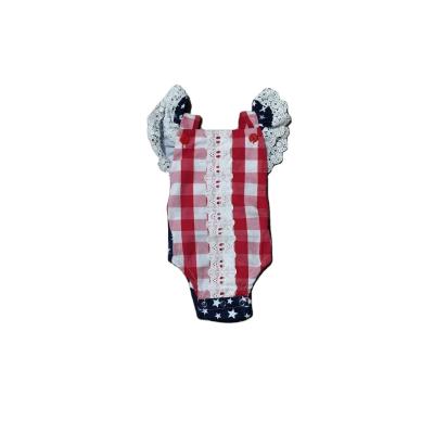 China Polyester / Cotton GirlyMax Summer Infant Toddler Clothes Babies 4th of July Stars Print Plaid Romper With Lace for sale