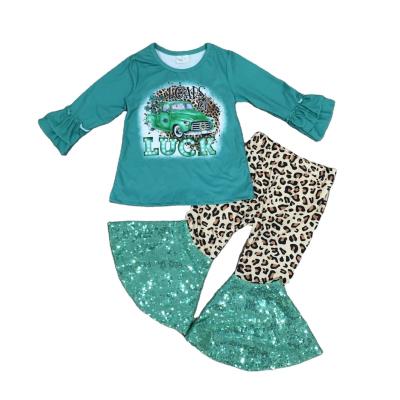 China GirlyMax Spring Casual Girls Long Sleeve Sequin Trucker Shirt Bell Bottom Leopard Pants Baby Blue St Patrick's Outfits for sale