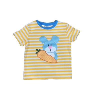 China Summer Boys Easter Bunny Carrot Embroidered Yellow Stripe Anti-Shrink T-Shirt for sale