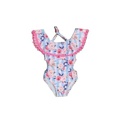 China GirlyMax Summer Waterproof Girls Floral Pink Stripe Swimsuit for sale