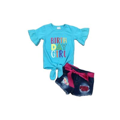 China Summer Casual Babies Blue Shirt Jeans Shorts Birthday Outfit for sale