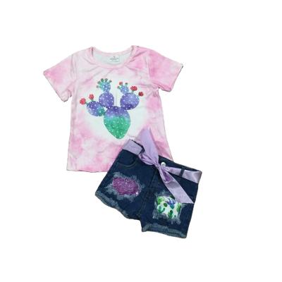 China Casual Summer Babies Tie Dyed Cactus Pink Shirt Sequins Jeans Shorts Outfit for sale