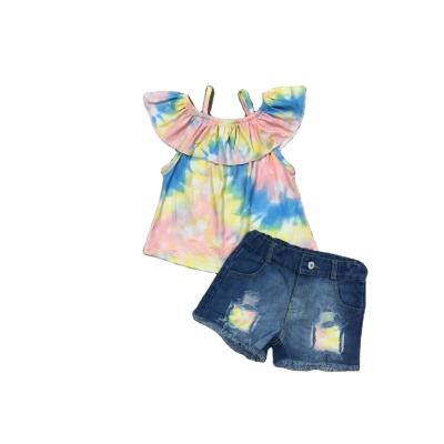 China Casual Summer Babies Tie Dye Milk Silk Top Shirt Denim Shorts Baby Jeans Set for sale