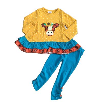 China GirlyMax Winter Girls Farm Casual Cow Embroidered Mustard Solid Blue Raglan Pants Baby Outfits for sale