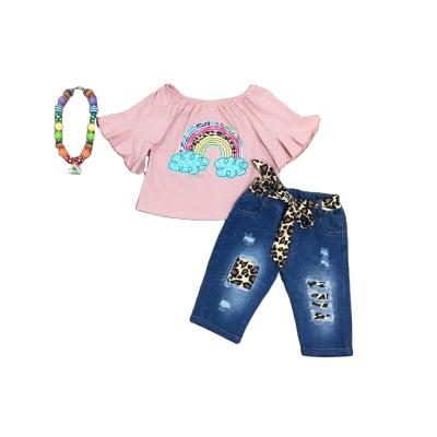 China Spring Babies Rainbow Pink Shirt Leopard Capri Jeans Casual Outfit for sale