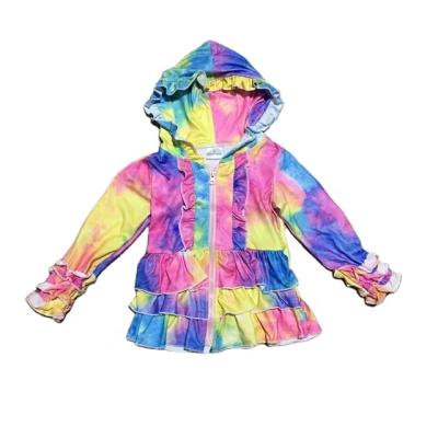 China Girlymax Anti-Pilling T-shirt Pink Tie Dye Hoodie Winter Autumn Girls Top Raglans Kids Cotton Long Sleeve Clothes Ruffles Zipper Coat for sale