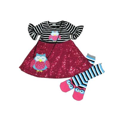 China Anti-wrinkle spring summer girl Owl Embroidered Short Sleeve Stripe fuchsia sequins dress with sock, purse for sale