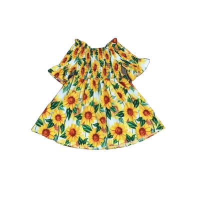 China Anti-wrinkle spring summer babies sunflower print smocked woven dress for sale