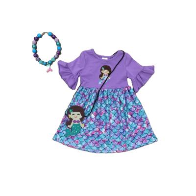 China Anti-wrinkle Summer Girl Mermaid Embroidered Short Sleeve Purple Blue Dress With Purse for sale