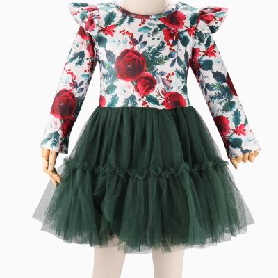 China Girlymax Anti-wrinkle Autumn Winter Girls Twirl Baby Floral Green Light Skirt Dress for sale