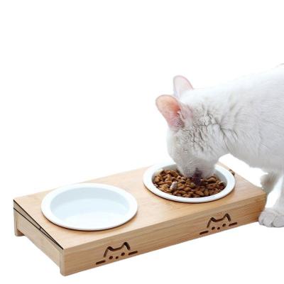 China Wooden Pet Supplies Double Bowls Dog Cat Food Water Feeder Ceramic Dish Rack Bamboo Cats Feeding Dishes Dogs Drink Bowl for sale